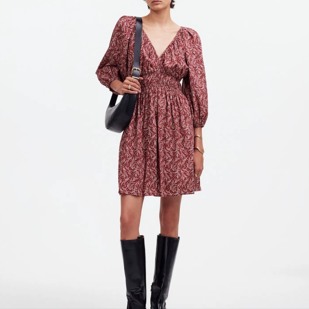 NWT Madewell Puff-Sleeve V-Neck Mini Dress in Paisley Floral